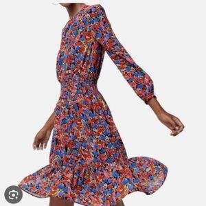 J. Crew Cinched Ruched Waist Chiffon Dress in Colorful Ditsy Floral Print Sz Med